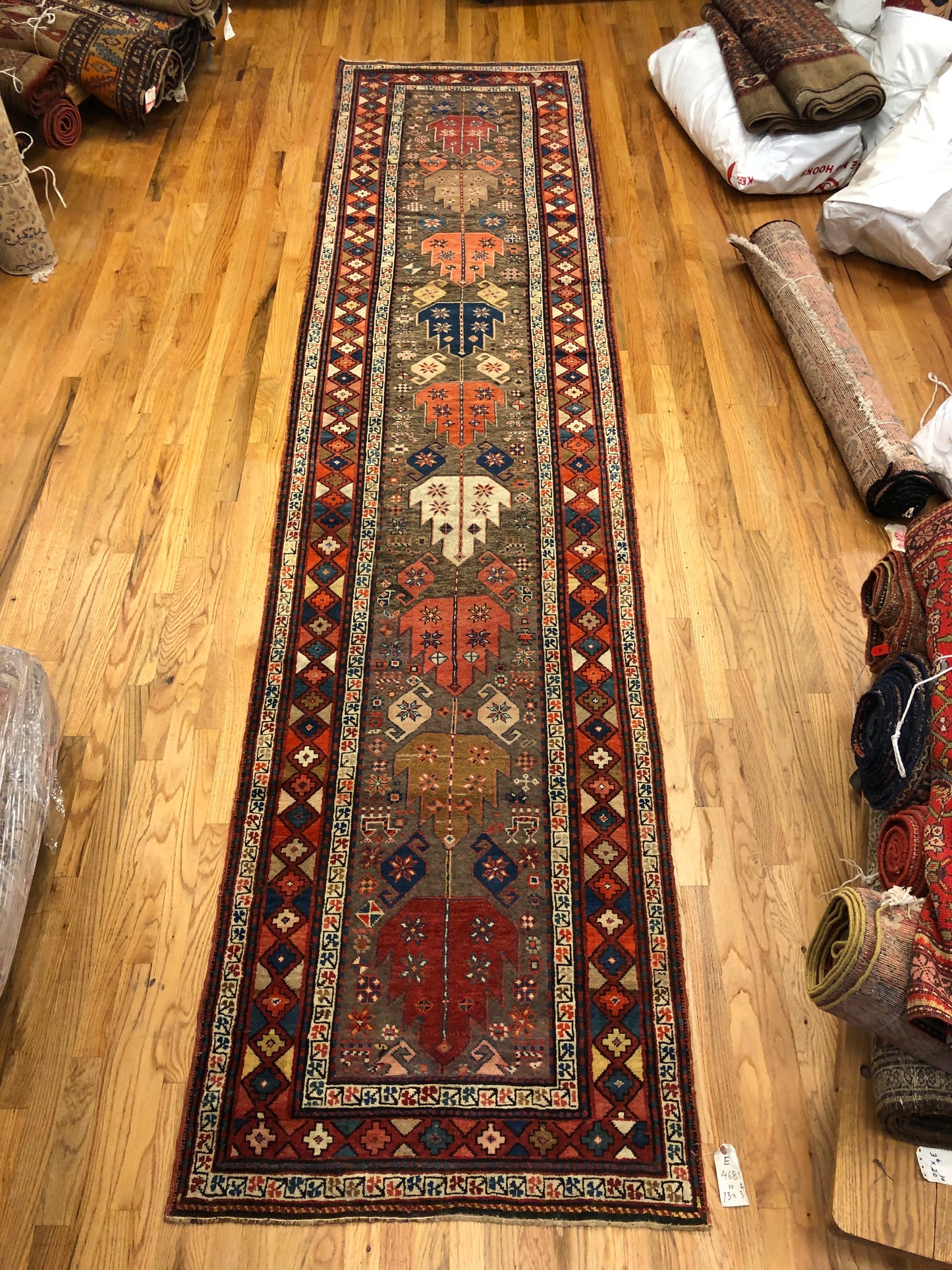 13'10 x 3'2ft Kazak Runner (ca.1850) Handmade Antique Rug